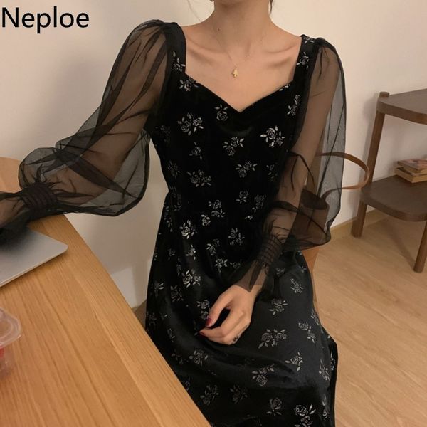 

neplomaxi dresses for women korean vintage vestidos mujer patchwork gauze flare sleeve robe print elegant vintage dress 95396 210422, Black;gray