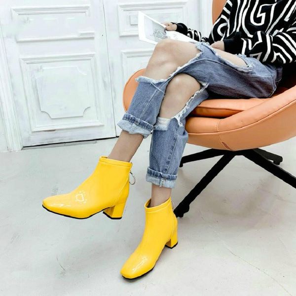 

boots 2021 patent pu leather winter yellow white pink red woman ankle square med heels women size 33-51, Black