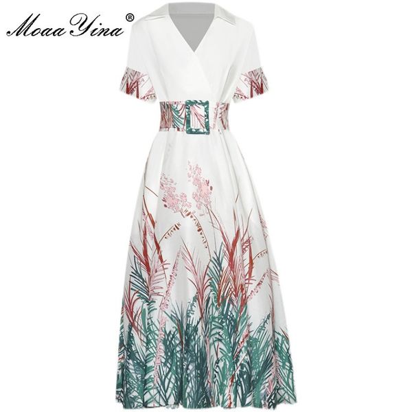 

fashion designer dress summer women's dress v-neck belt floral print short sleeve vintage party midi 210524, Black;gray
