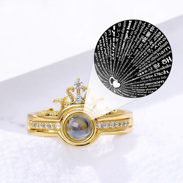 

cluster rings projection charm crown ring romantic confession jewelry 100 languages i love you projections adjustable luxury temperament, Golden;silver