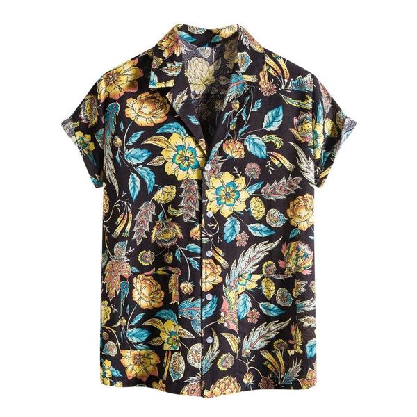 

men's casual shirts summer floral hawaiian shirt men short sleeve quick dry beach wear button down vacation clothing chemise homme, White;black