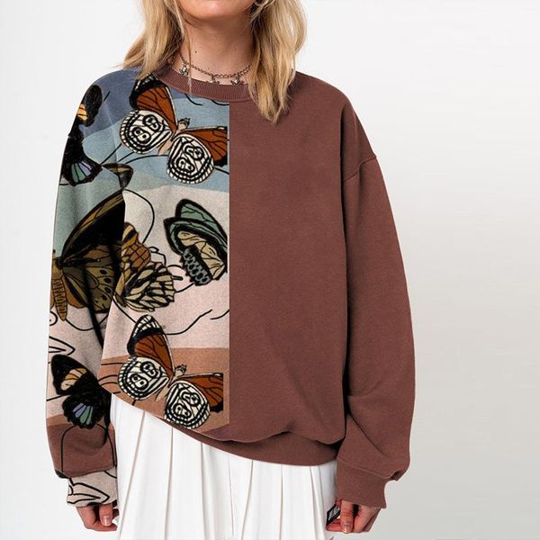 

women's hoodies & sweatshirts butterfly print sweatshirt pullovers fleece oversized patchwork long sleeve female 2021 autumn lady y2k, Black