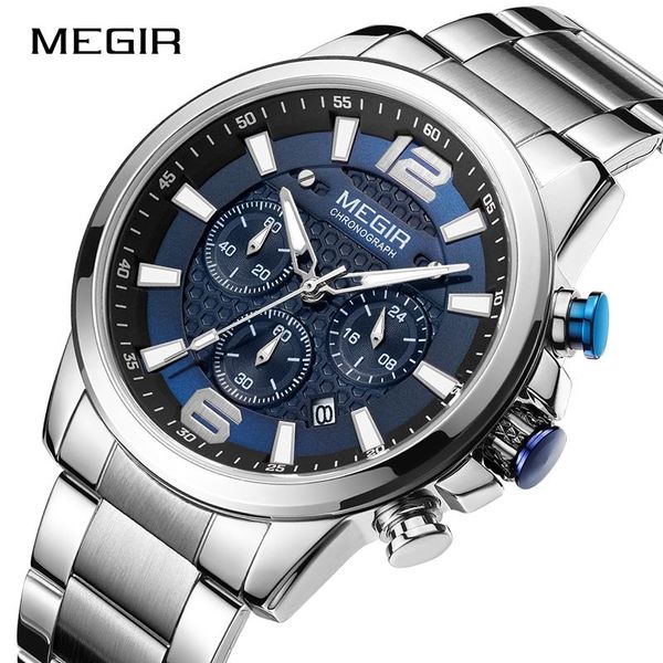 

wristwatches megir luxury watches men brand stainless steel strap waterproof luminous wristwatch blue sports chronograph quartz watch ma, Slivery;brown