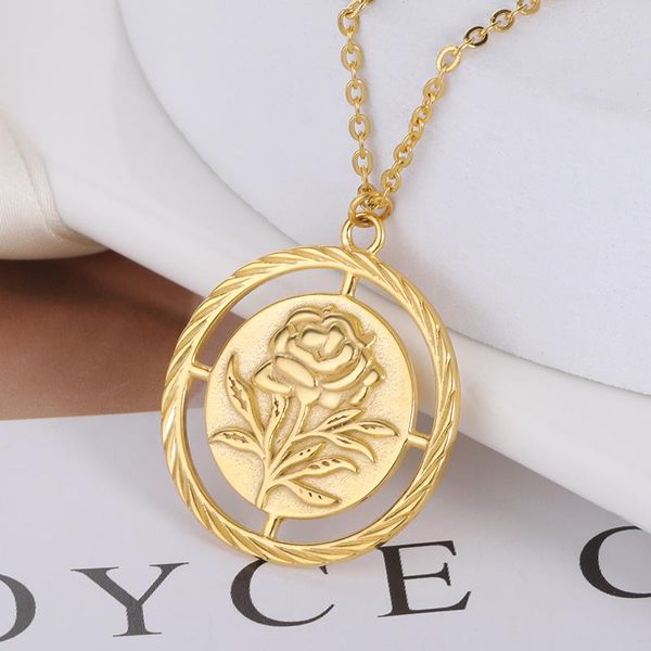 

chains simple circle round coin pendants necklace rose flower necklaces for women jewelry fashion, Silver