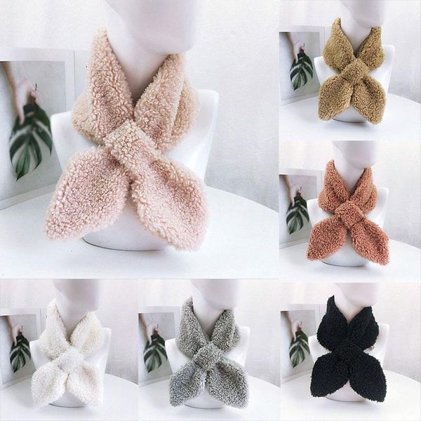 

scarves couple warm collar scarf imitation lamb fur neck warmer sharp corner cross solid color double-sided plush, Blue;gray