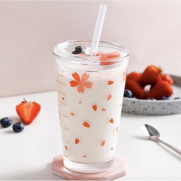 

mugs portable lovely cartoon scale school creative glass water bottle with straw spoon yogurt mug cup kid gift for women lovers