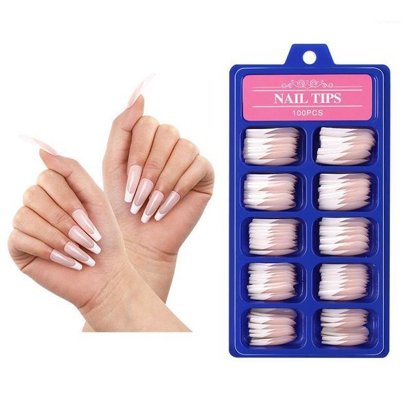 

100pcs full cover french nail tips with box long coffin pink and white fake art press on manicure supplies 20211, Red;gold