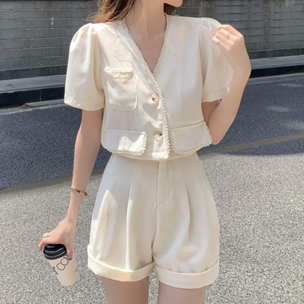 

two-piece sets french temperament small fragrance pearl v-neck short shirt + high waist shorts suit female ensembles femme 2021 women's, Gray