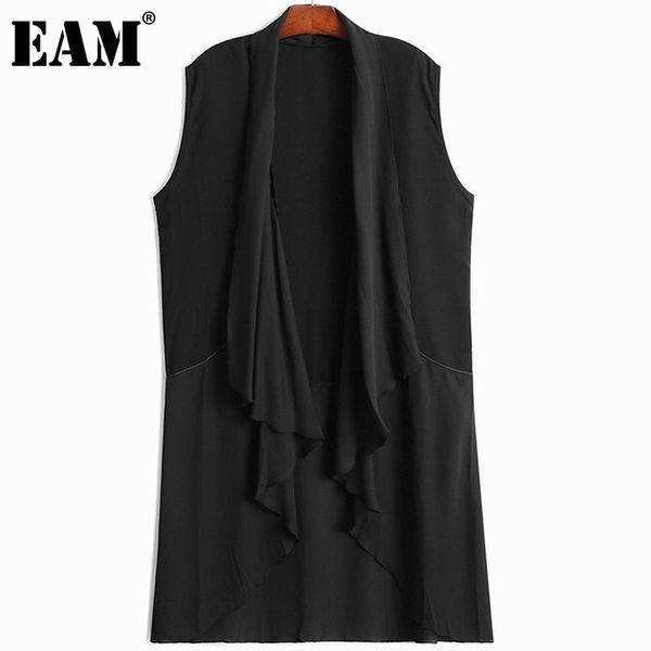 

[eam] women black big size spliced irregular chiffon loose fit vest lapel sleeveless fashion spring summer 1dd8282 210512, Black;white