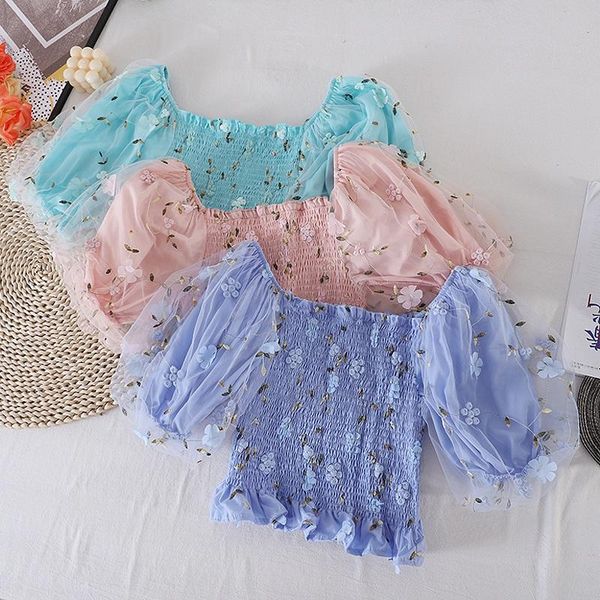 

women's blouses & shirts cute korean style women blosues puff sleeve chiffion shirt 2021 summer femme white short womens pink