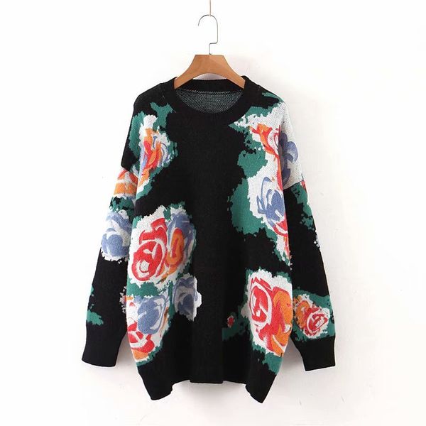 Vintage Chic Mulheres Floral Impressão Camisolas Moda Elegante Senhoras Preto O-pescoço Pullovers Jumpers casuais para meninas 210520