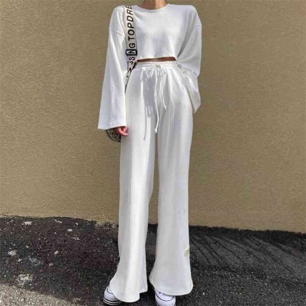 

korea spring women's knitted tracksuit 2 pieces set fashion o-neck long sleeve loose t-shirt + high waist wide leg pant suit 210519, White