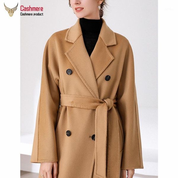 

women's wool & blends winter coat fall 2021 long cashmere camel water ripple double-breasted slim-fit high-end hand-sewn, Black