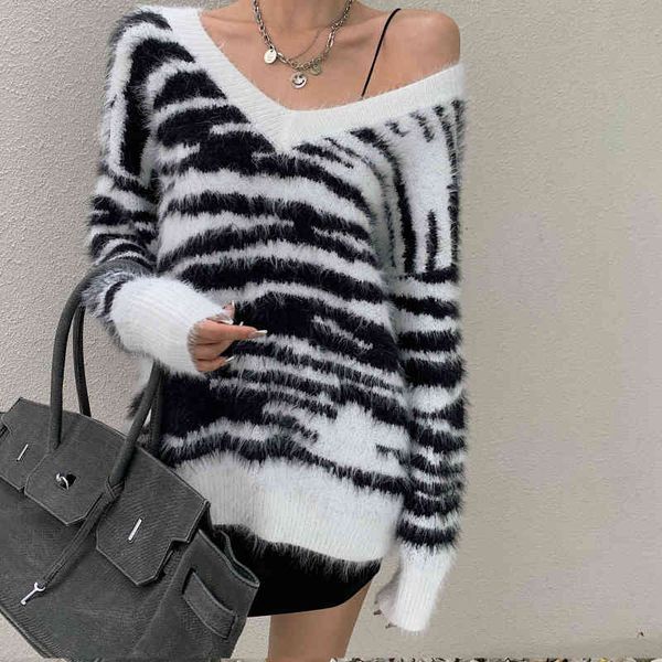 

tees with striped v zebra neckline women's knitted shirt autumn down feminine sleeve long femme streetwear jumper bv5p, White
