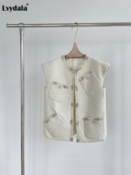 

women's jackets lvydala runway high street designer woolen blends jacket lady sleeveless diamond sequins pocket autumn elegant outwear, Black;brown