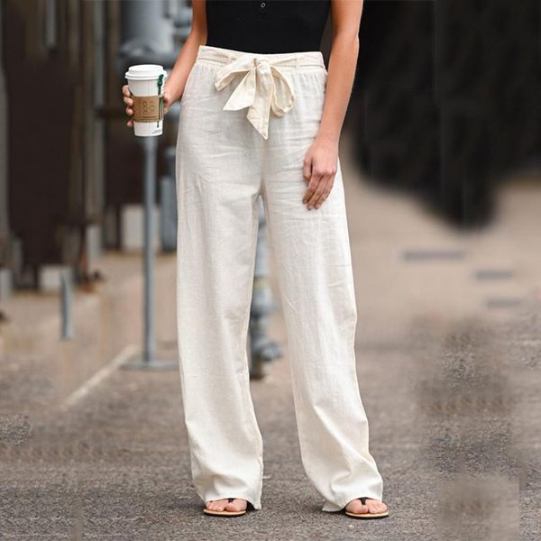 

women's pants & capris cotton straight woman solid high waist trousers loose drawstring casual long plus size clothing 2021, Black;white