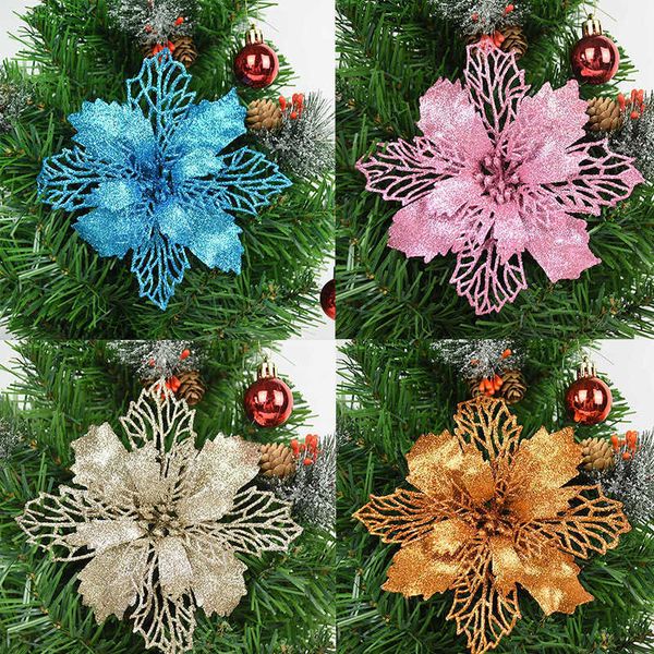 

factory outlet christmas decoration 9/11/16cm artifical flowers glitter poinsettia for tree ornament c3li