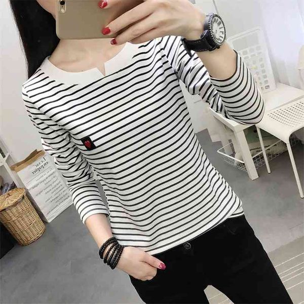 

wwenn t shirt women long sleeve tshirt spring white black striped womens casual t-s plus size tee femme 210507