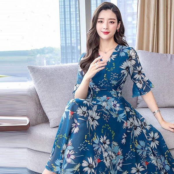 

womens skirt h40 fashion floral print slim a line dress elegant ladies maxi long women v neck short sleeve chiffon, Black
