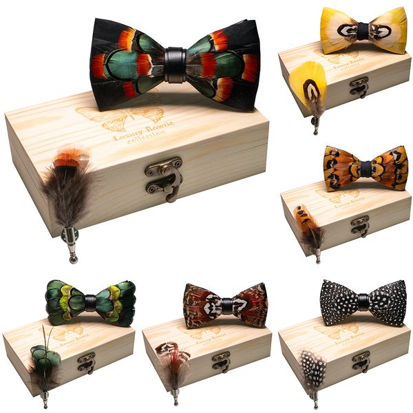 

italy original design mens bow tie fashion peacock feather bow tie exquisite handmade bow wooden box set for men party wedding, Black;blue