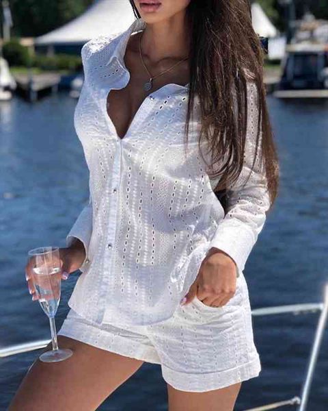 

long sleeve buttoned amp pocket design shorts set summer suit for women 2pcs, Gray