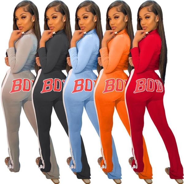 

casual letter print two women tracksuits piece set striped sweater jacket coat long pants sportsuit winter clothes for outfits, Gray