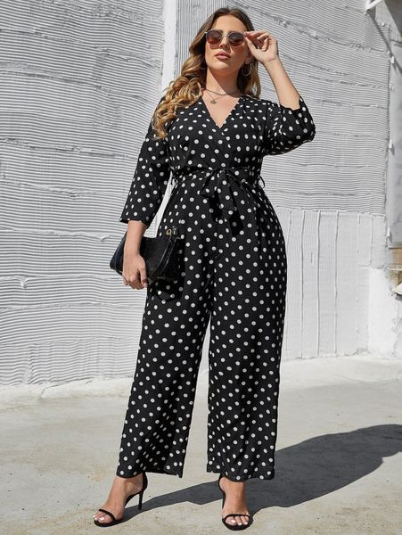 

plus polka dot belted wide leg jumpsuit s9en#, Black
