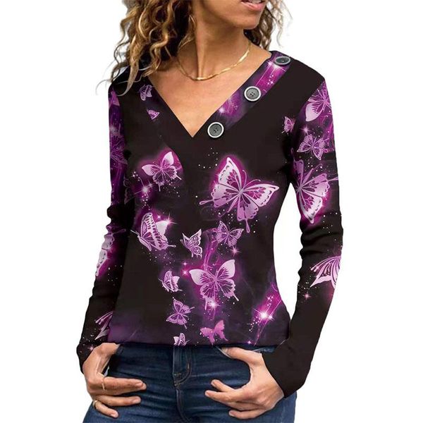 

women's blouses & shirts 2021 autumn women butterfly flower print bohemian shirt casual long sleeve female v-neck button elegant fashio, White