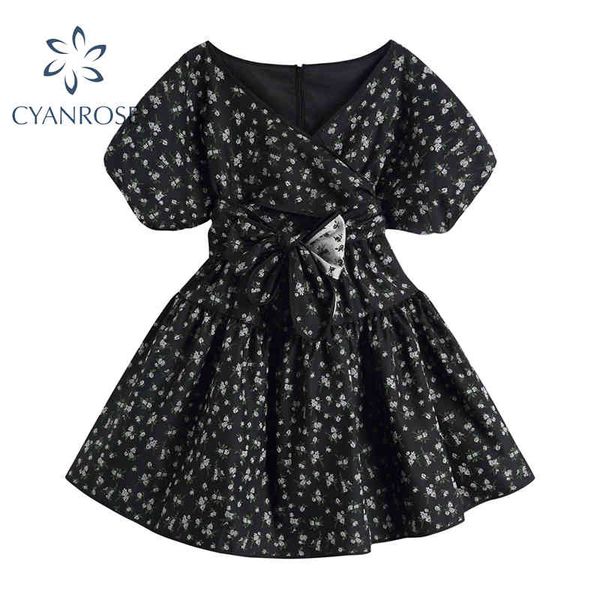 

french party black mini dress women romantic floral print puff short sleeve vintage dresses elegant high waist bandage vestidos 210417, Black;gray