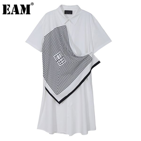 

[eam] women white big size asymmetrical striped dress lapel short sleeve loose fit fashion spring summer 1dd6999 210512, Black;gray