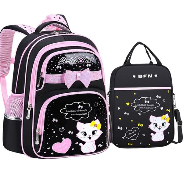 Coreano Primário PU couro bolsa de escola moda meninas bonitos com backpack impermeável ortopédico gato bonito 210809