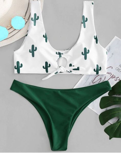 

cactus print swimsuit with lace on the chest, White;black