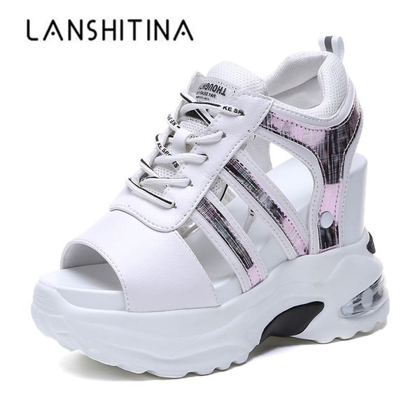 

new arrival 2020 summer platform sandals women 11cm wedges thick bottom casual shoes comfortable white lace-up sandals sneakers wenshet, Black
