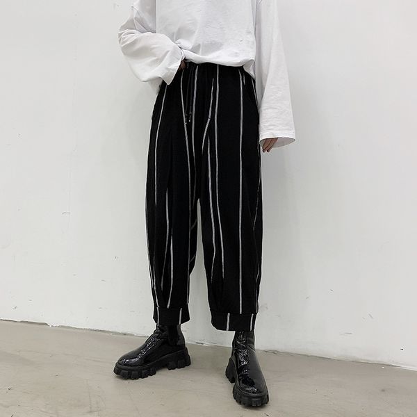 

pants fashionable the 2021 spring and summer national trend casual white stripe dark black wide leg men's imitation hemp thin capris