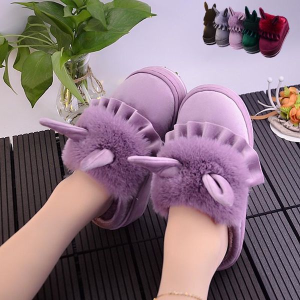 

cotton slippers ladies thick-soled winter with heels cute half-pack warm shoes home confinement furry ears, Black