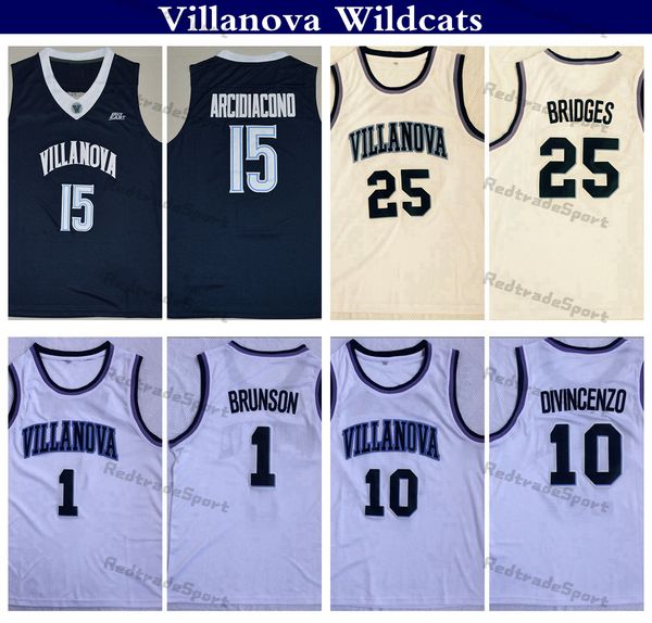 Mi08 NCAA Villanova Wildcats College Basketball Maglie 10 Donte DiVincenzo 25 Mikal Bridges 15 Ryan Arcidiacono 1 Jalen Brunson Camicie cucite bianche S-XXL