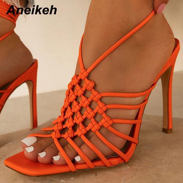 

sandals aneikeh hand design weave hollow stiletto heels summer high ladies cross-tied open toe shoes 35-42, Black