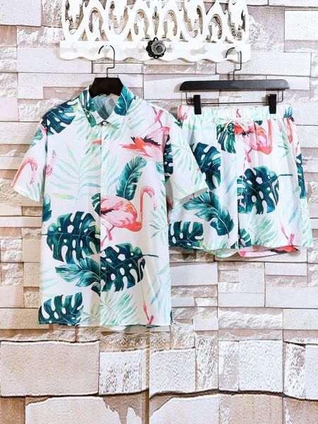 

men flamingo & tropical print shirt & drawstring waist shorts p67z#, Gray