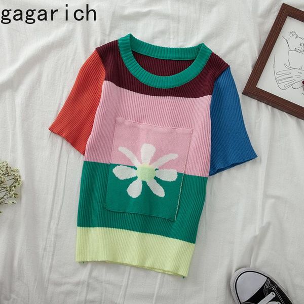 

gagarich women knitted pullover o neck stitching short-sleeved ladies 2021 summer korean style slim fashion sweater women's sweaters, White;black