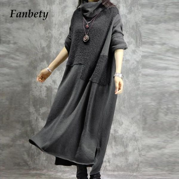 

autumn winter women woolen patchwork long dress elegant turtleneck loose party dresses ladies vintage solid color vestidos 4xl casual, Black;gray