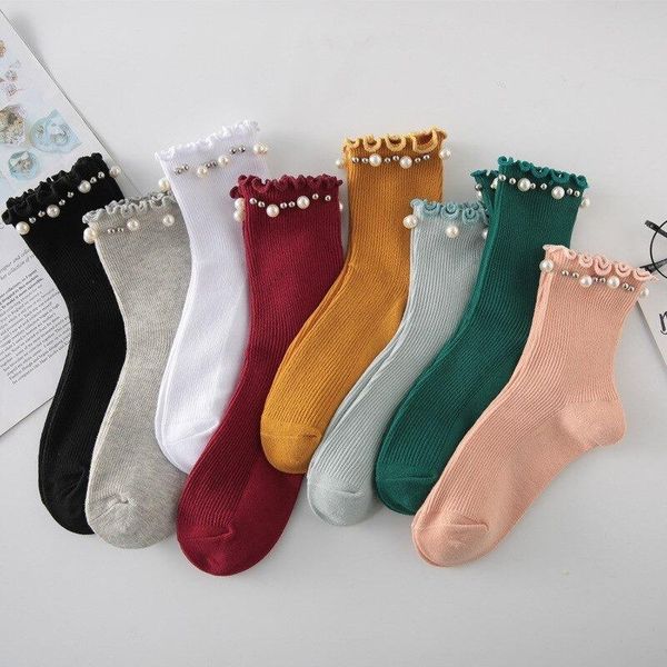 

socks & hosiery clearance sale pearl women's korean fashion japanese kawaii cute crew harajuku retro vintage streetwear long, Black;white