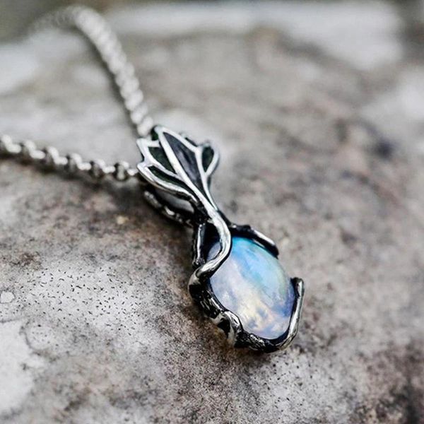 

vintage womens moonstone necklace silver color flower pendant charm chain necklaces for female floral jewelry