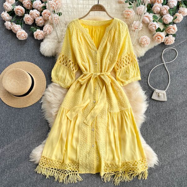 

vintage v-neck single breasted hollow out tassel dress women casual single breasted a-line slim vestidos female robe 2021 new, Black;gray