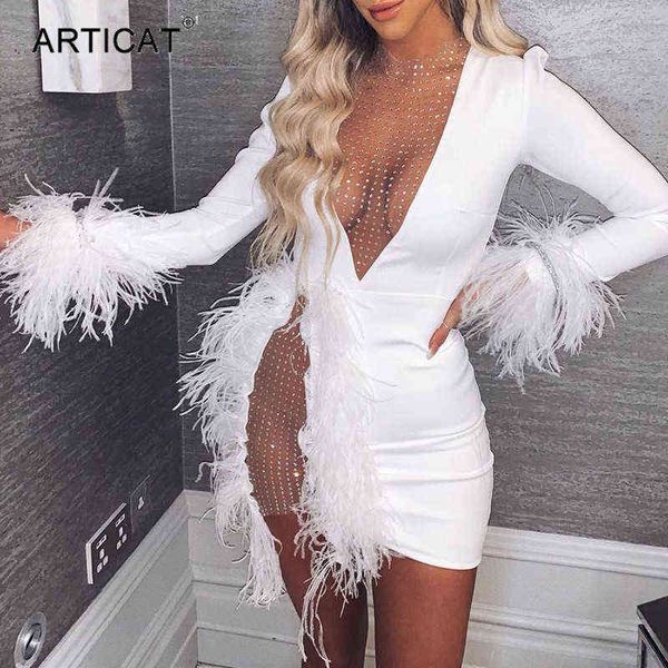 Articat Sexy See Through Paillettes Mesh Patchwork Abiti Donna Deep V White Feather Mini Party Dress Ladies Nightclub Abiti Y1204