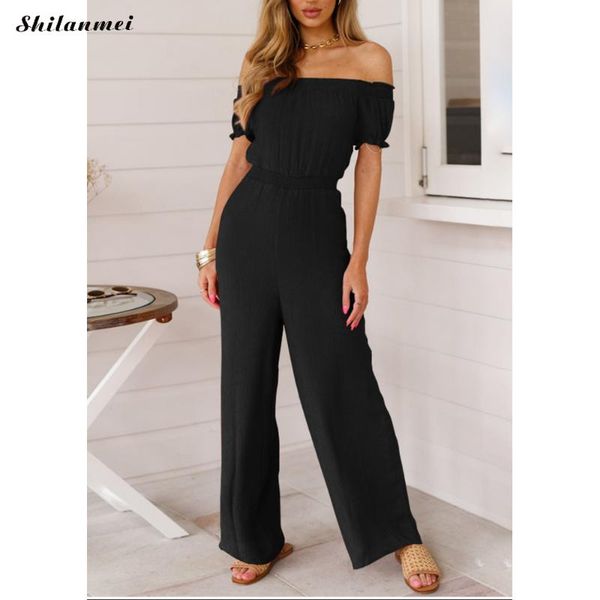 

gym clothing off shoulder long jumpsuit rompers women waist controlled casual loose solid color playsuit 2021 summer femme, White;black