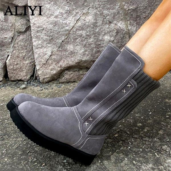 

boots women flat snow shoes winter knitting side zipper plus velvet ladies warm 35-43 non-slipper female mid calf, Black