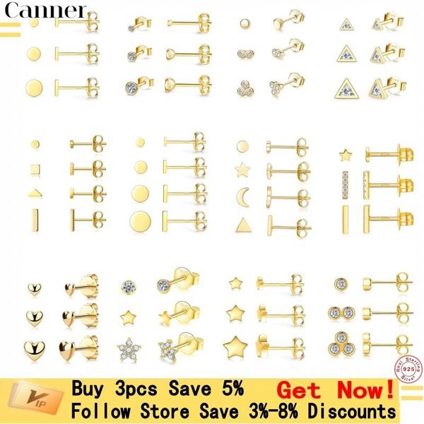 

stud canner 3pc/1set earrings for women 925 sterling silver pendientes star pentagram piercing different fine jewelry, Golden;silver