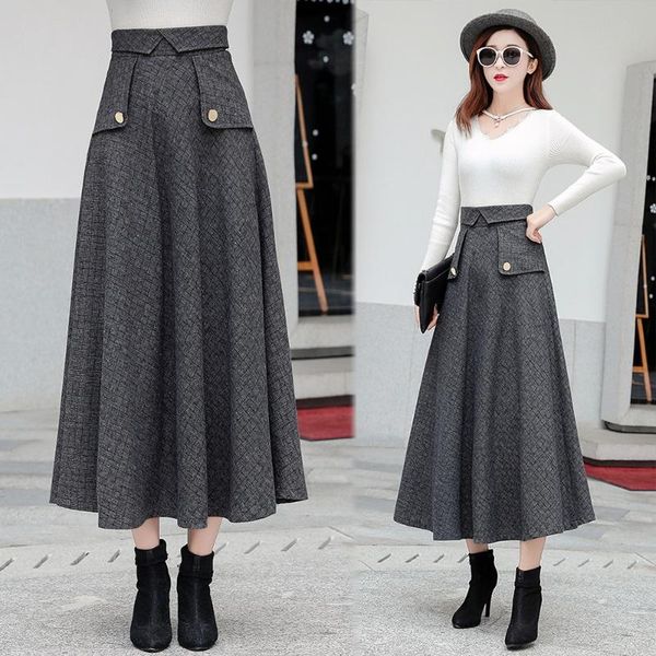 

winter women long woolen skirt fashion high waist basic wool skirts female casual thick warm elastic a-line maxi z6, Black