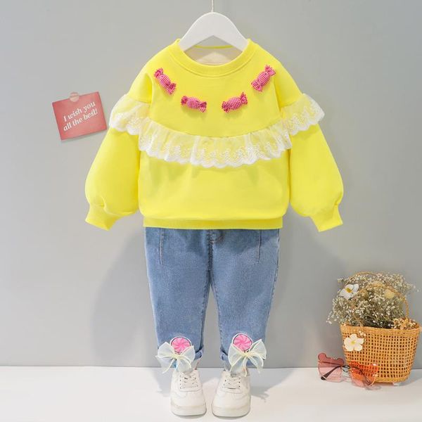 

clothing sets autumn kid baby girls sweet suit fashion 2pcs cotton toddler lace pullover warm long sleeve + denim pants, White