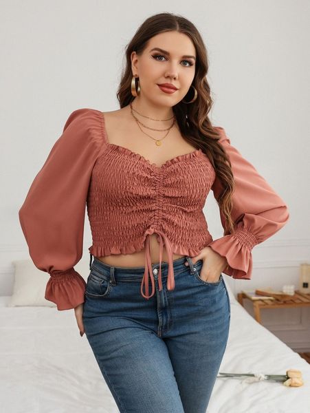 

plus shirred drawstring front flounce sleeve crop blouse 79zf#, Black